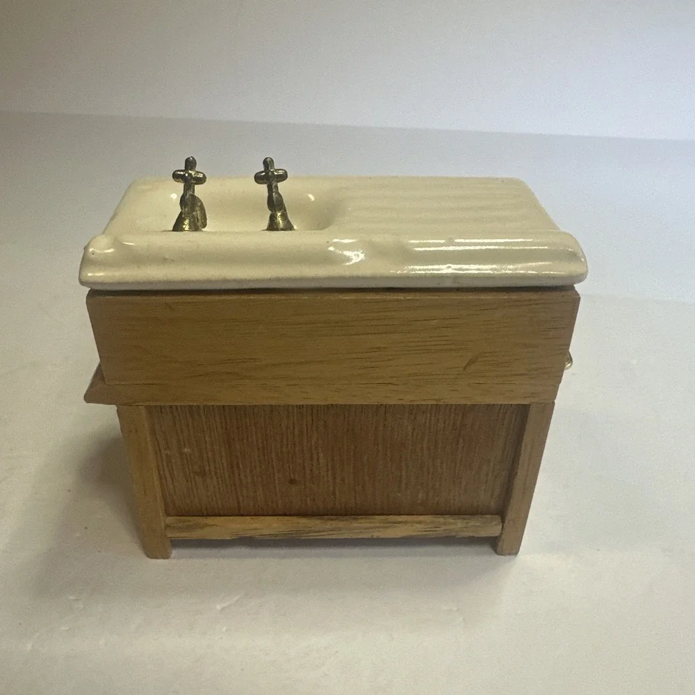 Vintage Dollhouse Miniature Doll Furniture Porcelain Sink with Wood Cabinet 4x2